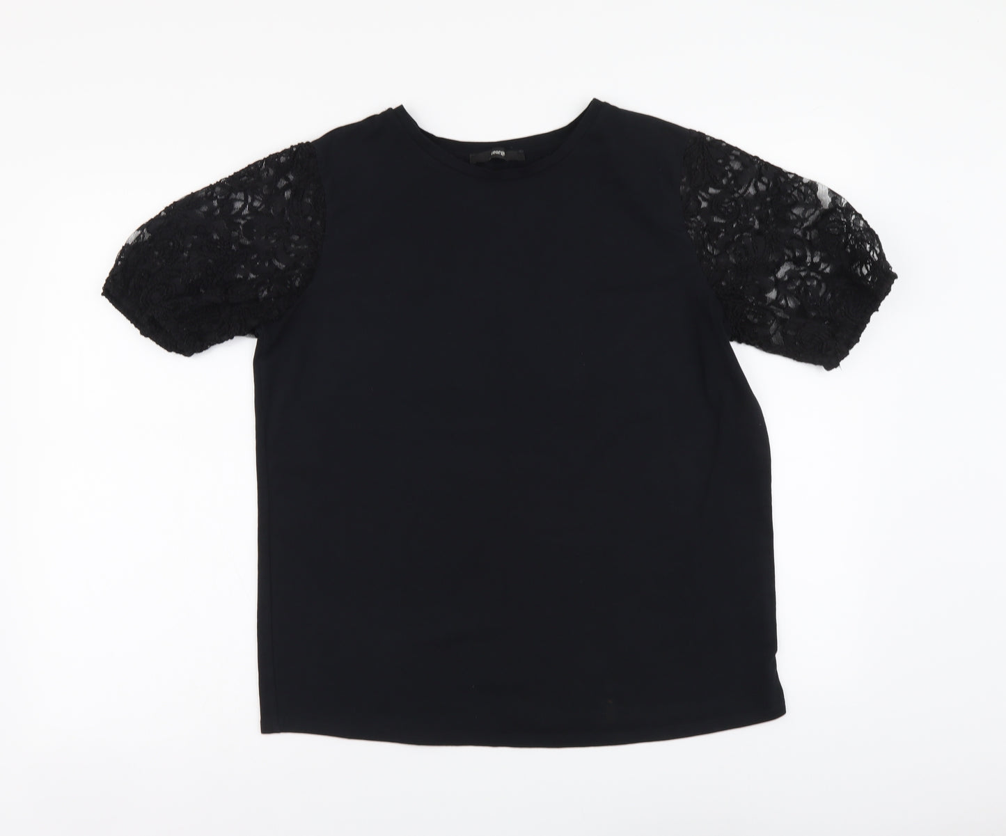 George Womens Black Cotton Basic T-Shirt Size 12 Round Neck - Lace Sleeves