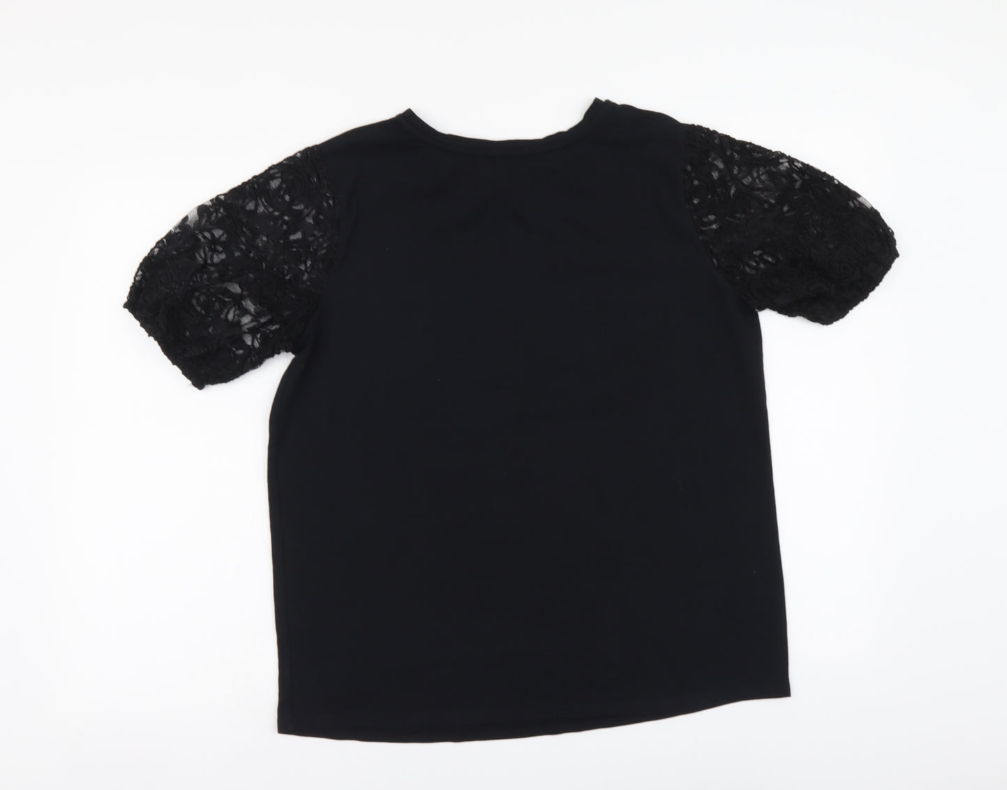 George Womens Black Cotton Basic T-Shirt Size 12 Round Neck - Lace Sleeves