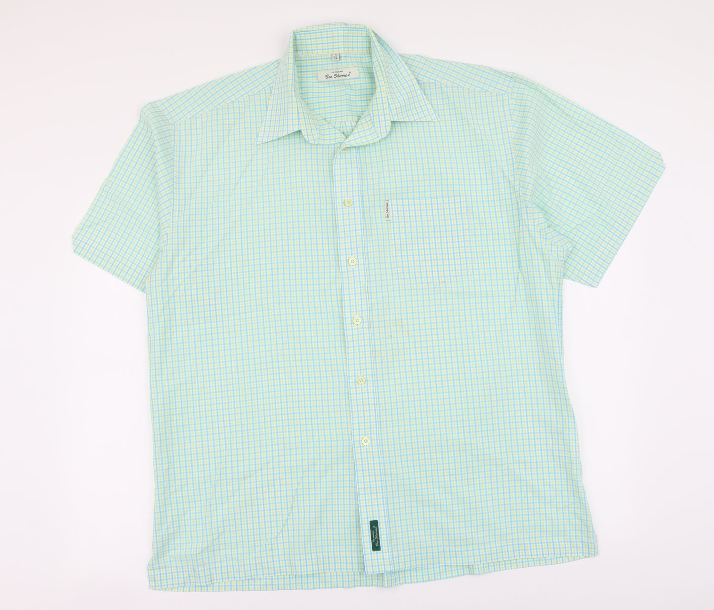 Ben Sherman Mens Green Check Cotton Button-Up Size XL Collared Button