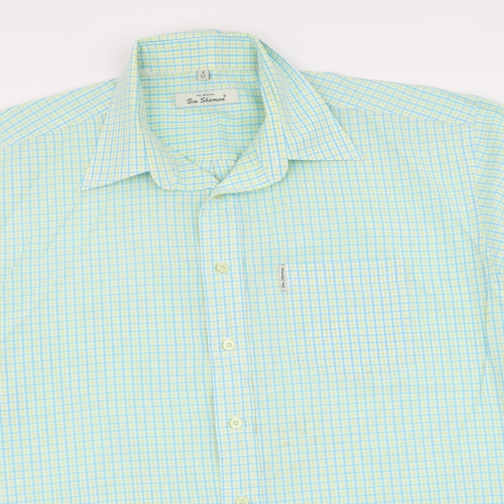 Ben Sherman Mens Green Check Cotton Button-Up Size XL Collared Button