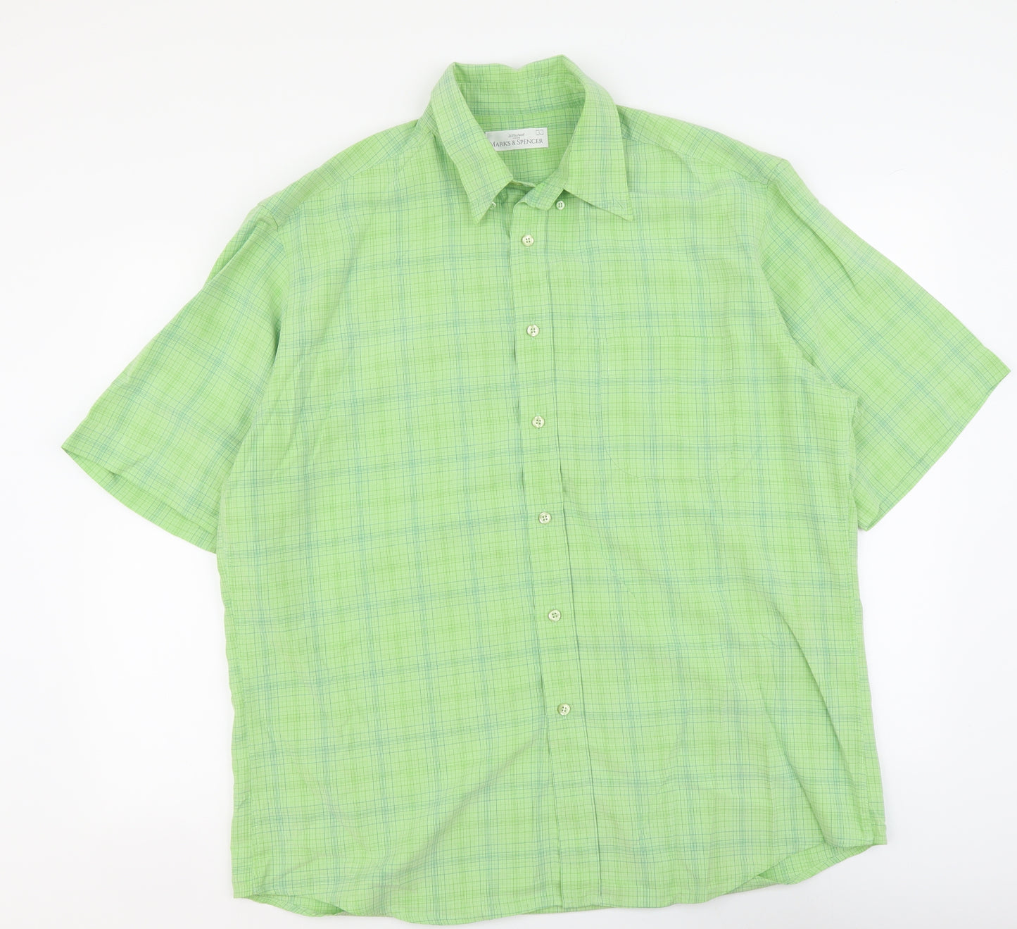 Marks and Spencer Mens Green Plaid Polyester Button-Up Size L Collared Button