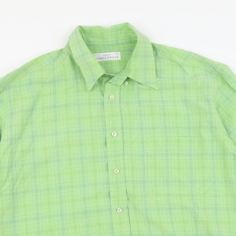 Marks and Spencer Mens Green Plaid Polyester Button-Up Size L Collared Button