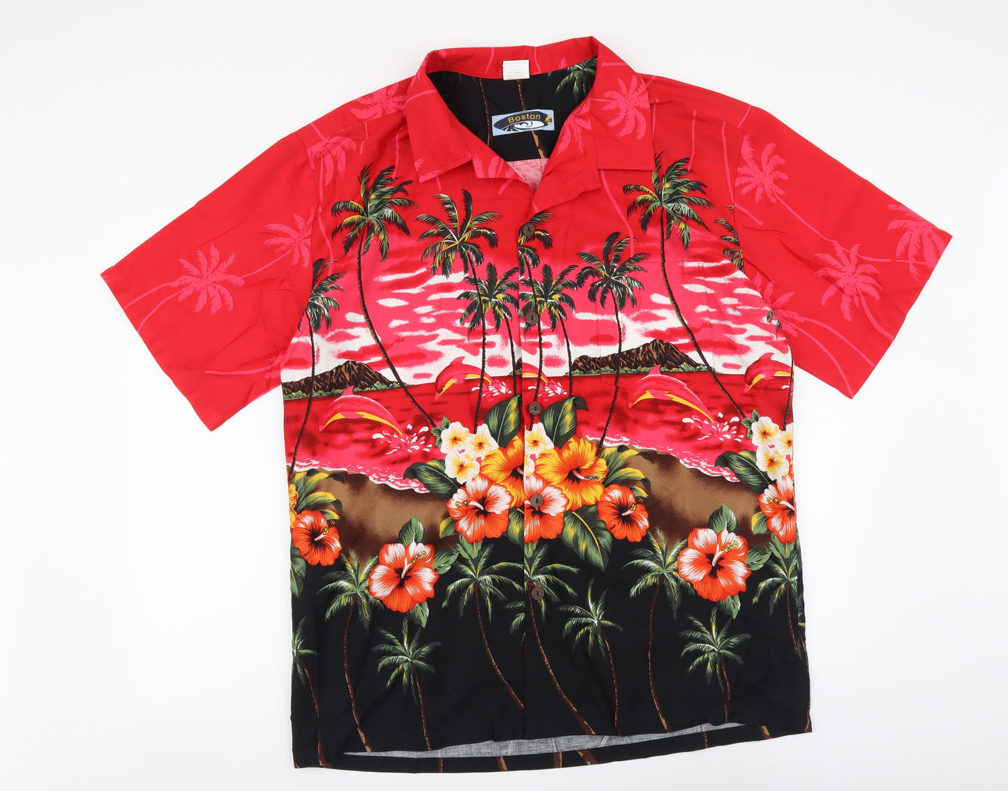 Boston Mens Multicoloured Geometric Polyester Button-Up Size XL Collared Button - Hawaiian Shirt