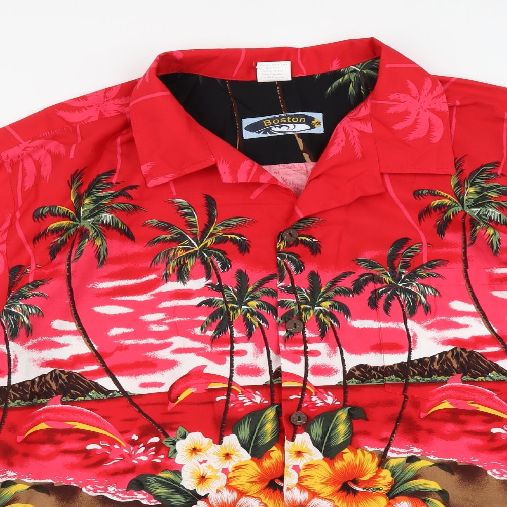 Boston Mens Multicoloured Geometric Polyester Button-Up Size XL Collared Button - Hawaiian Shirt