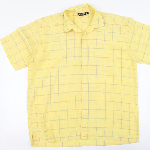 Xeros Mens Yellow Plaid Polyester Button-Up Size XL Collared Button