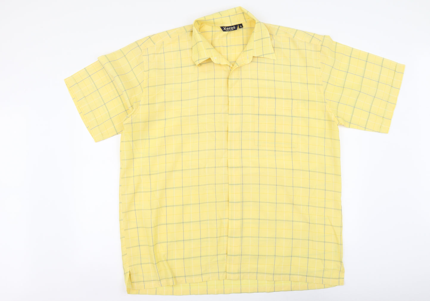 Xeros Mens Yellow Plaid Polyester Button-Up Size XL Collared Button