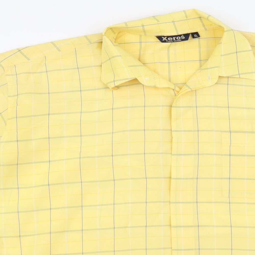 Xeros Mens Yellow Plaid Polyester Button-Up Size XL Collared Button