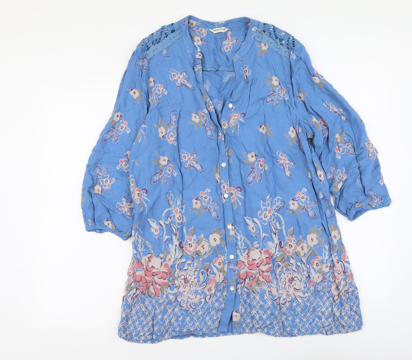 Indigo Womens Blue Floral Viscose Tunic Button-Up Size 16 V-Neck