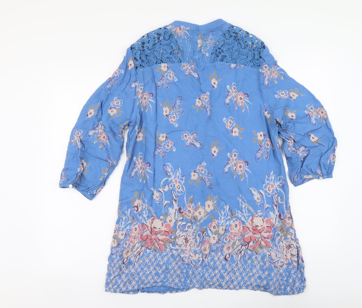 Indigo Womens Blue Floral Viscose Tunic Button-Up Size 16 V-Neck
