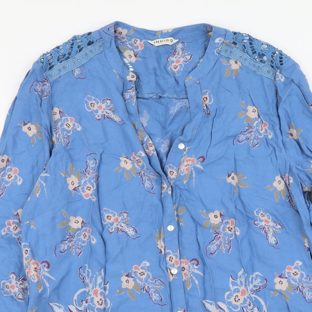 Indigo Womens Blue Floral Viscose Tunic Button-Up Size 16 V-Neck