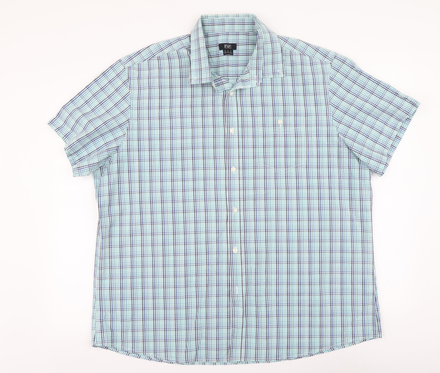F&F Mens Blue Plaid Polyester Button-Up Size 2XL Collared Button