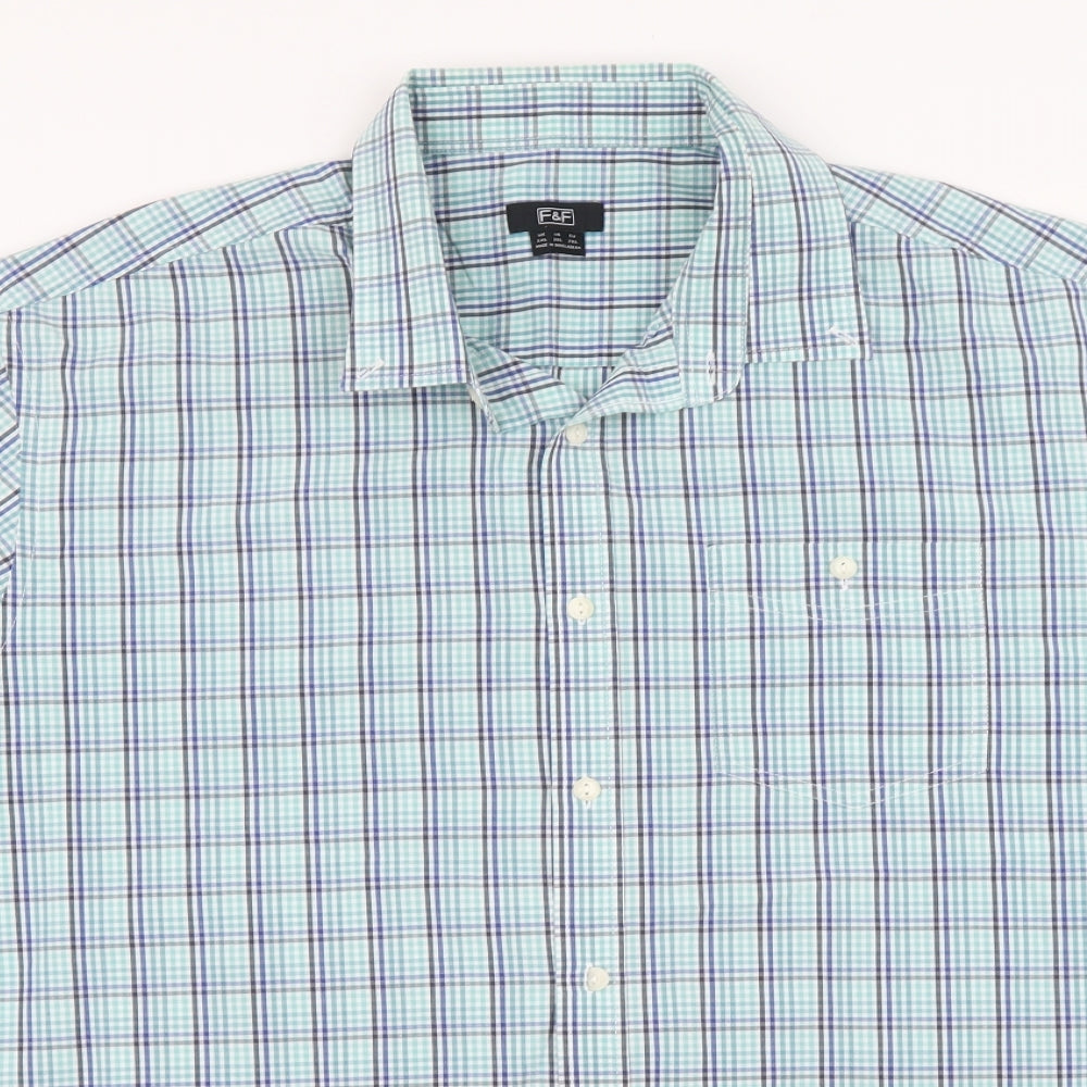 F&F Mens Blue Plaid Polyester Button-Up Size 2XL Collared Button