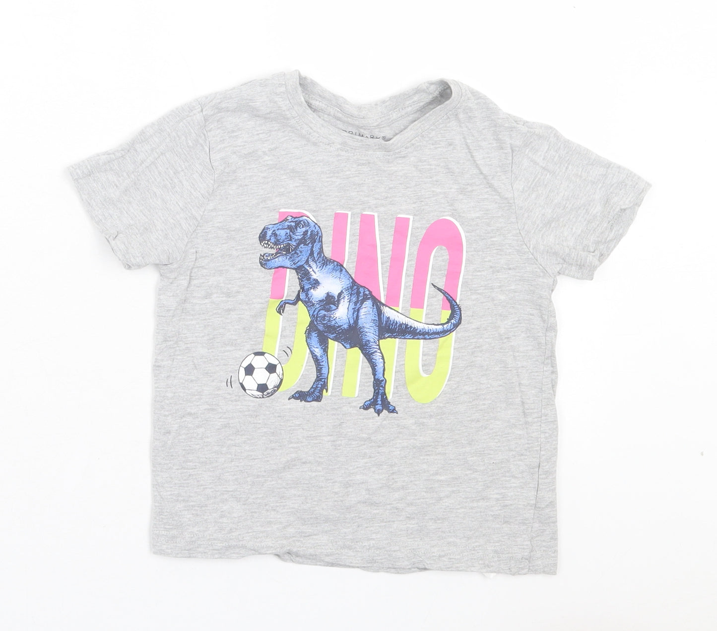 Primark Girls Grey Cotton Basic T-Shirt Size 3-4 Years Crew Neck Pullover - Dino