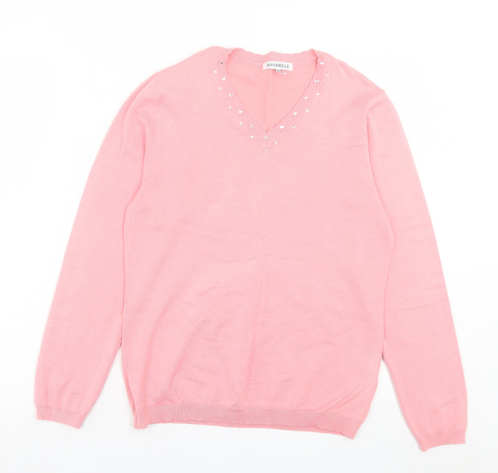 Annabelle Womens Pink V-Neck Viscose Pullover Jumper Size M