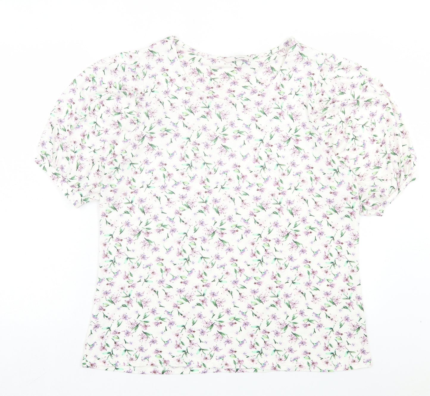 TU Womens White Floral Viscose Basic T-Shirt Size 16 Scoop Neck