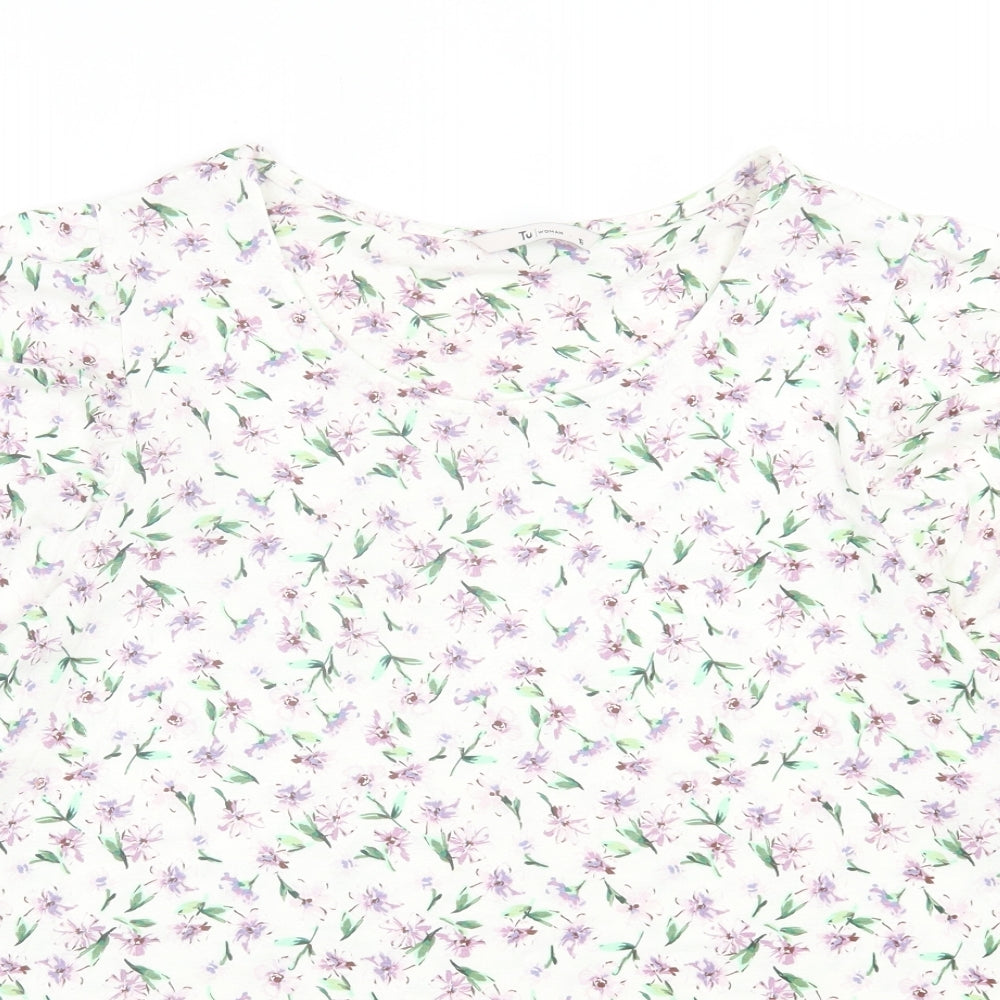 TU Womens White Floral Viscose Basic T-Shirt Size 16 Scoop Neck