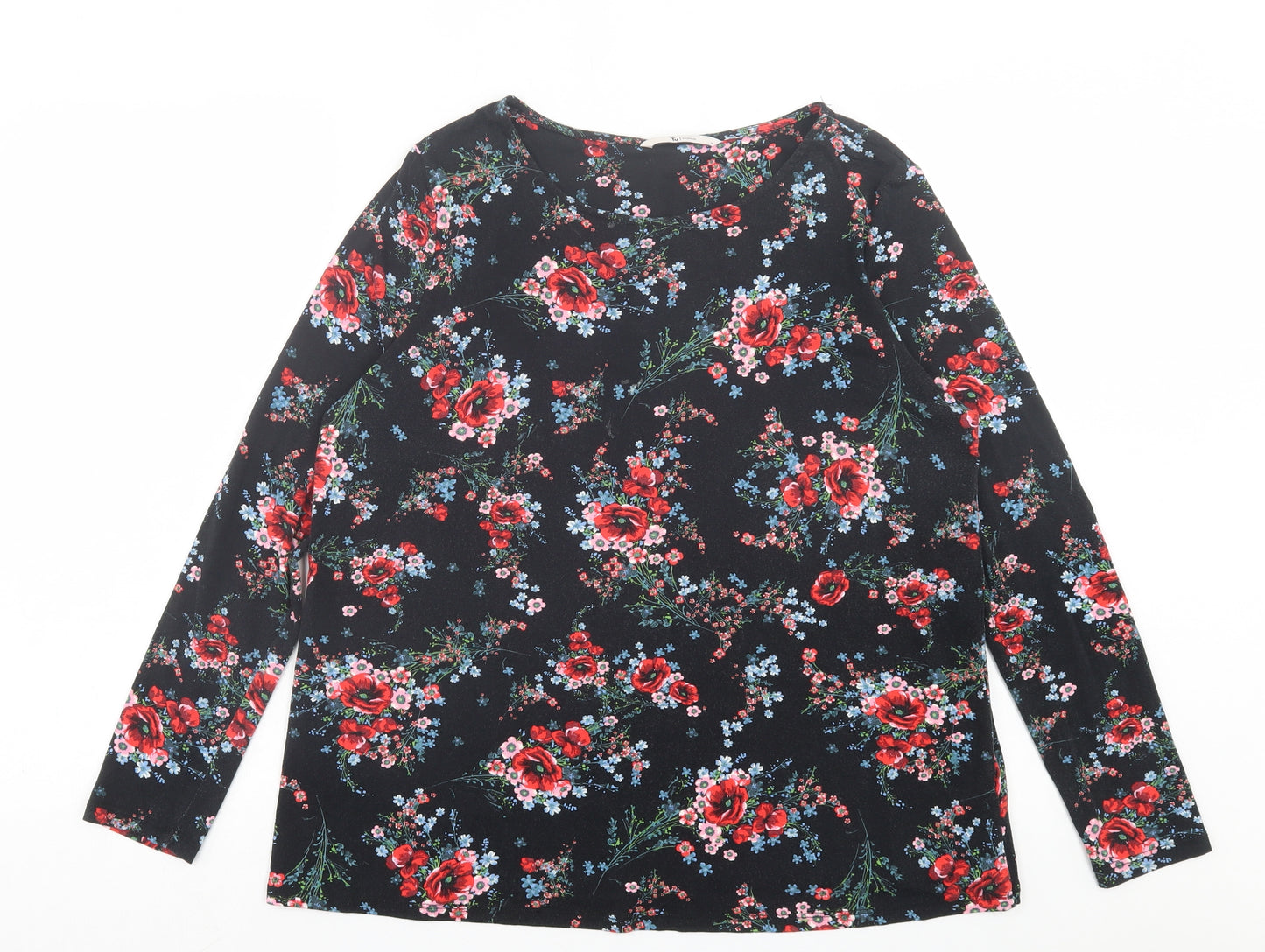 TU Womens Black Floral Viscose Basic T-Shirt Size 14 Boat Neck