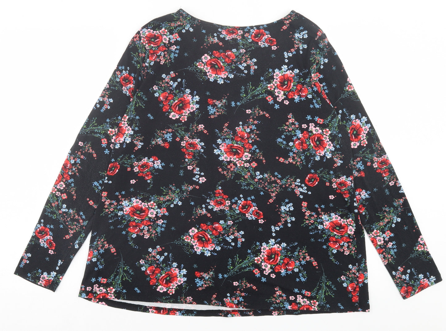 TU Womens Black Floral Viscose Basic T-Shirt Size 14 Boat Neck