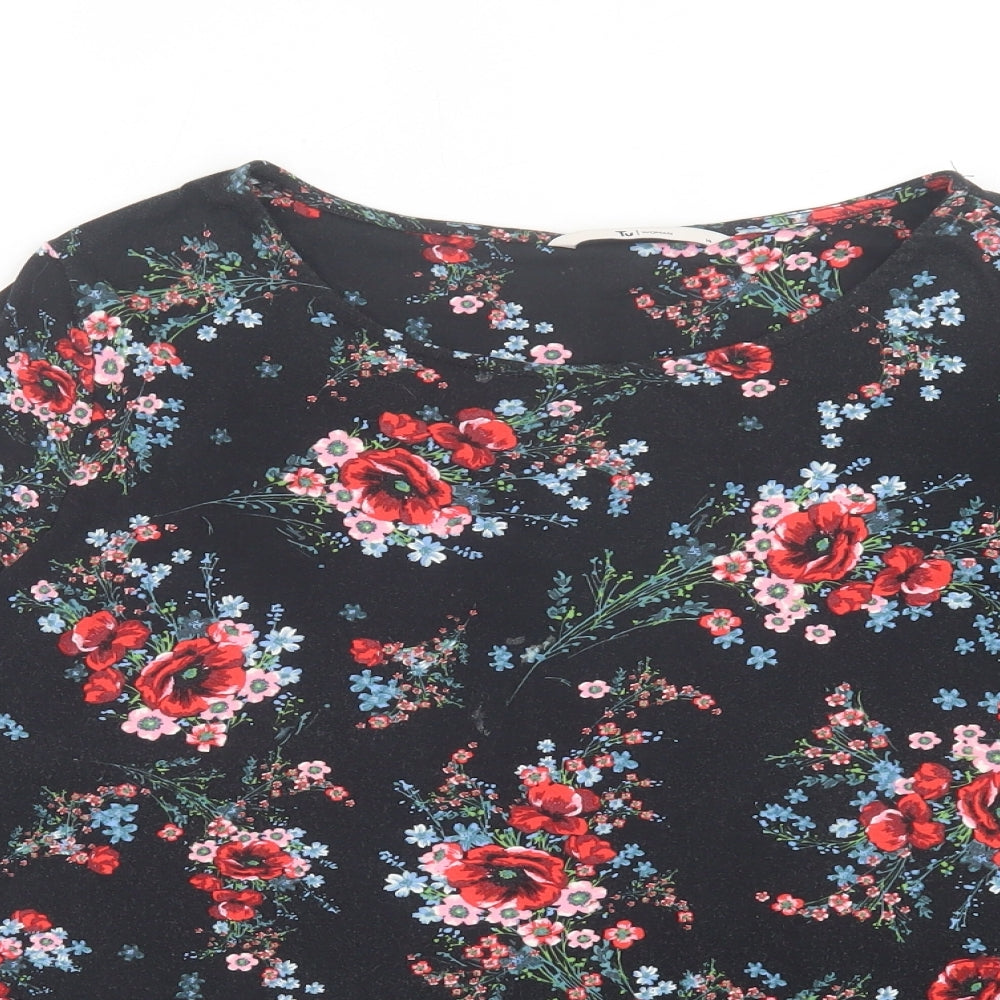TU Womens Black Floral Viscose Basic T-Shirt Size 14 Boat Neck
