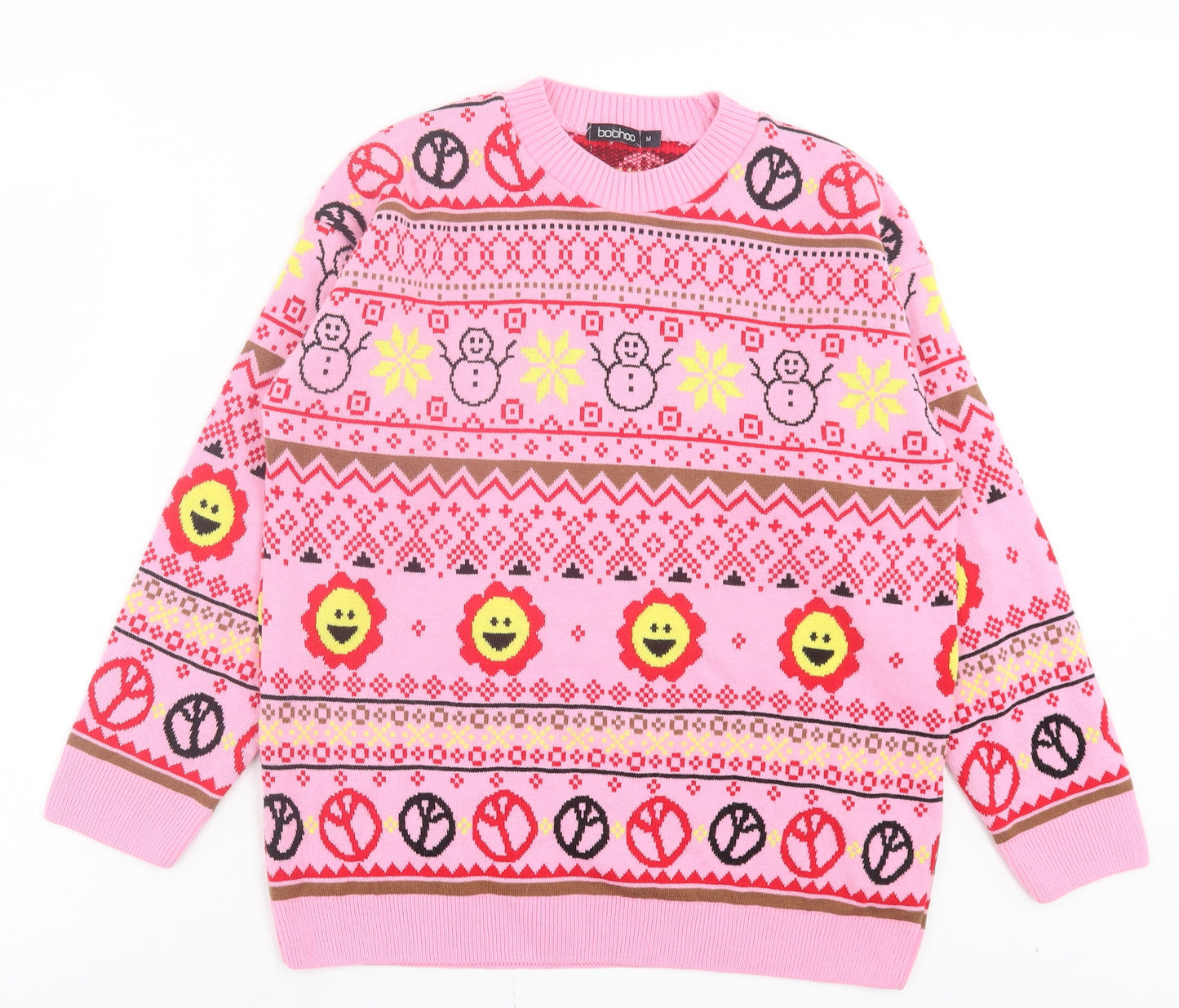 Boohoo Womens Pink Crew Neck Geometric Acrylic Pullover Jumper Size M