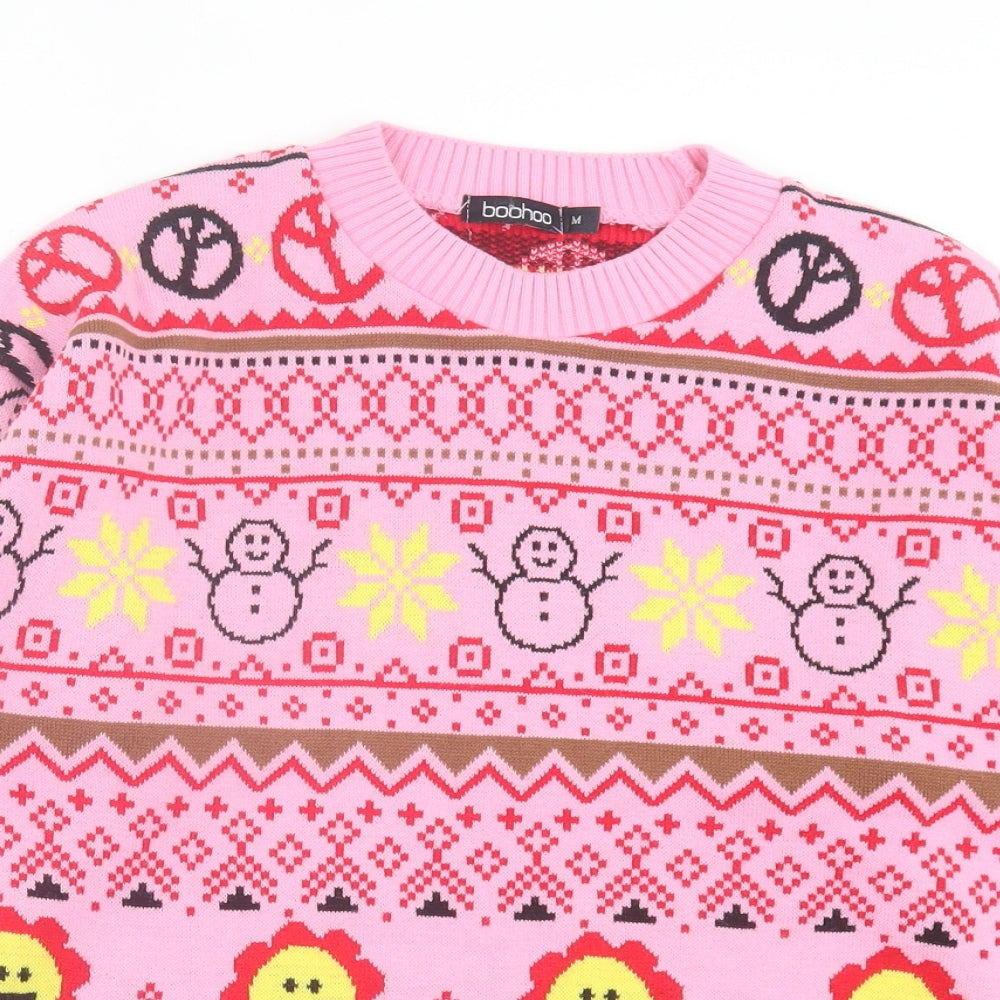 Boohoo Womens Pink Crew Neck Geometric Acrylic Pullover Jumper Size M