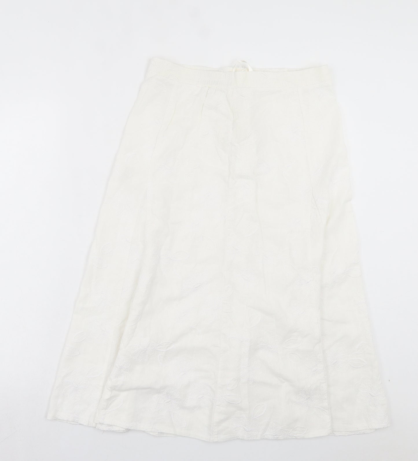 Preworn Womens White Floral Linen A-Line Skirt Size 14 Button