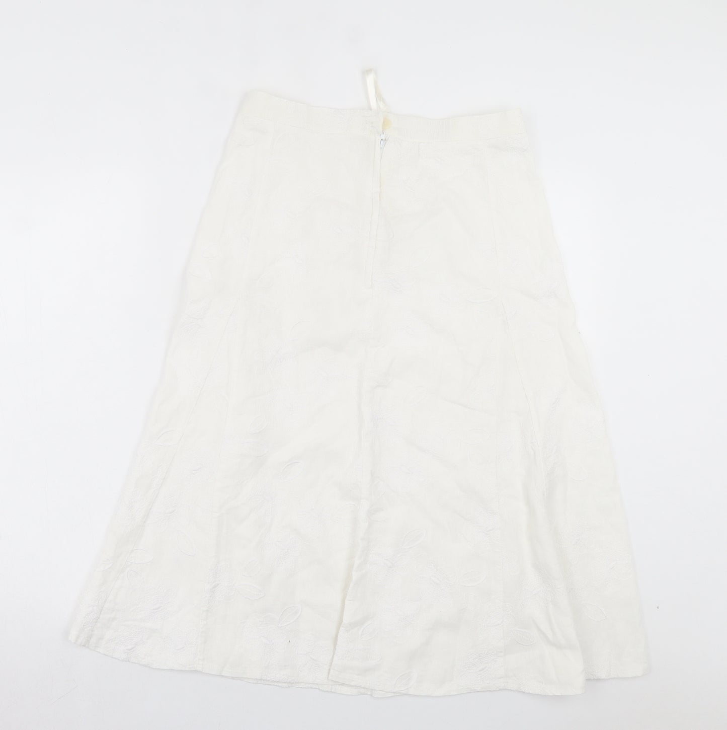 Preworn Womens White Floral Linen A-Line Skirt Size 14 Button
