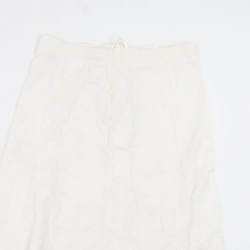 Preworn Womens White Floral Linen A-Line Skirt Size 14 Button