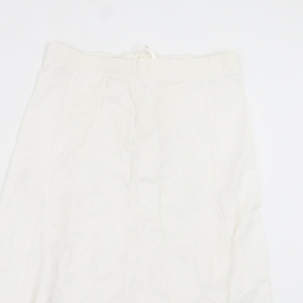 Preworn Womens White Floral Linen A-Line Skirt Size 14 Button