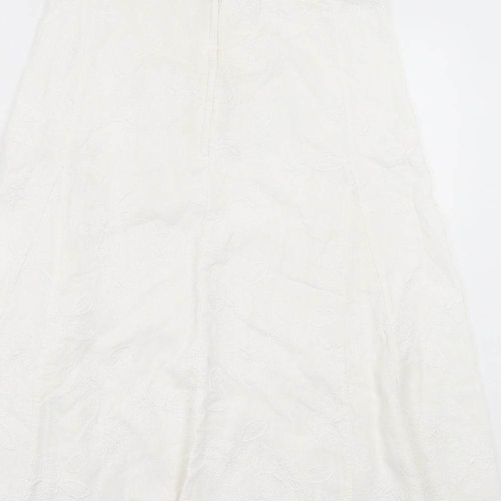 Preworn Womens White Floral Linen A-Line Skirt Size 14 Button