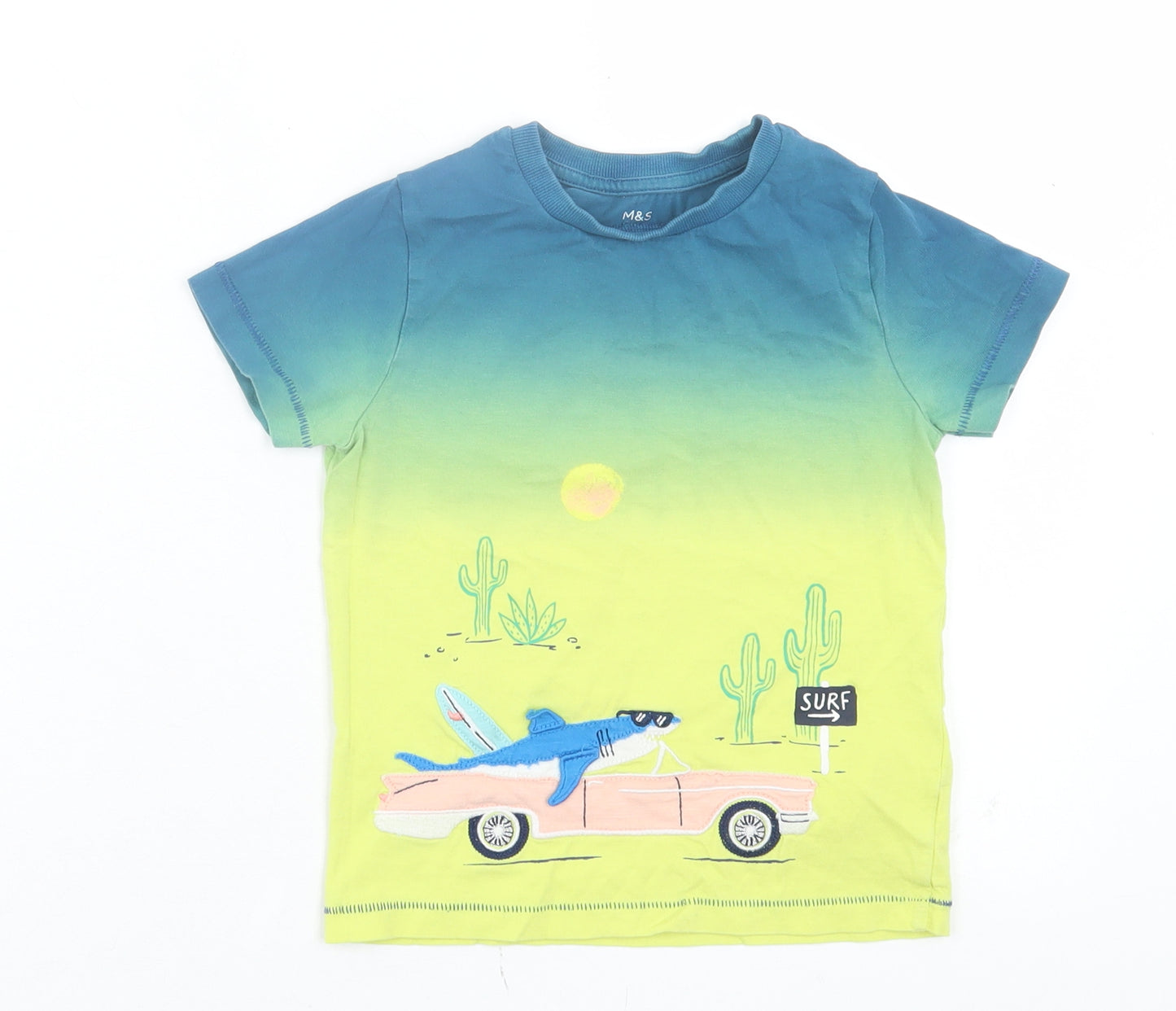 Marks and Spencer Boys Yellow Cotton Basic T-Shirt Size 3-4 Years Crew Neck Pullover - Surf