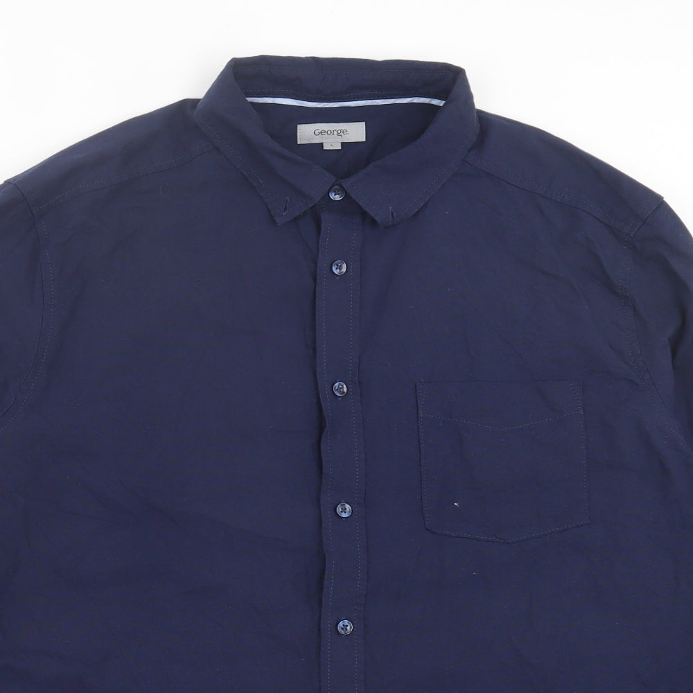 George Mens Blue Cotton Button-Up Size L Collared Button - Pocket Detail