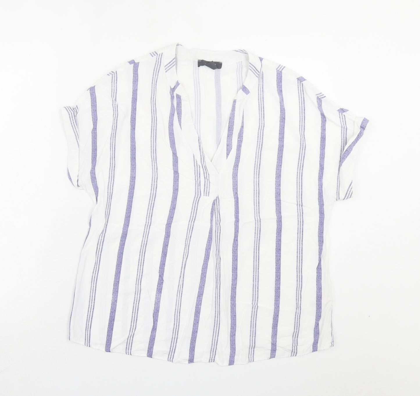 Primark Womens White Striped Viscose Basic T-Shirt Size 14 V-Neck