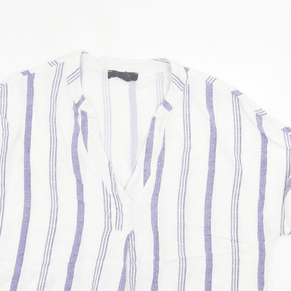 Primark Womens White Striped Viscose Basic T-Shirt Size 14 V-Neck