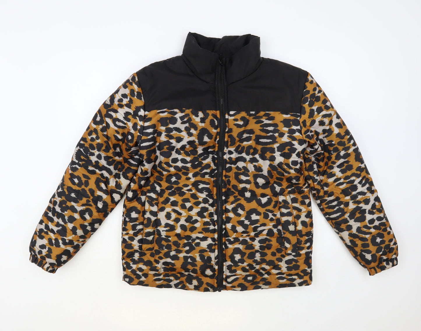Daisy Street Womens Black Animal Print Puffer Jacket Jacket Size 8 Zip - Leopard Print