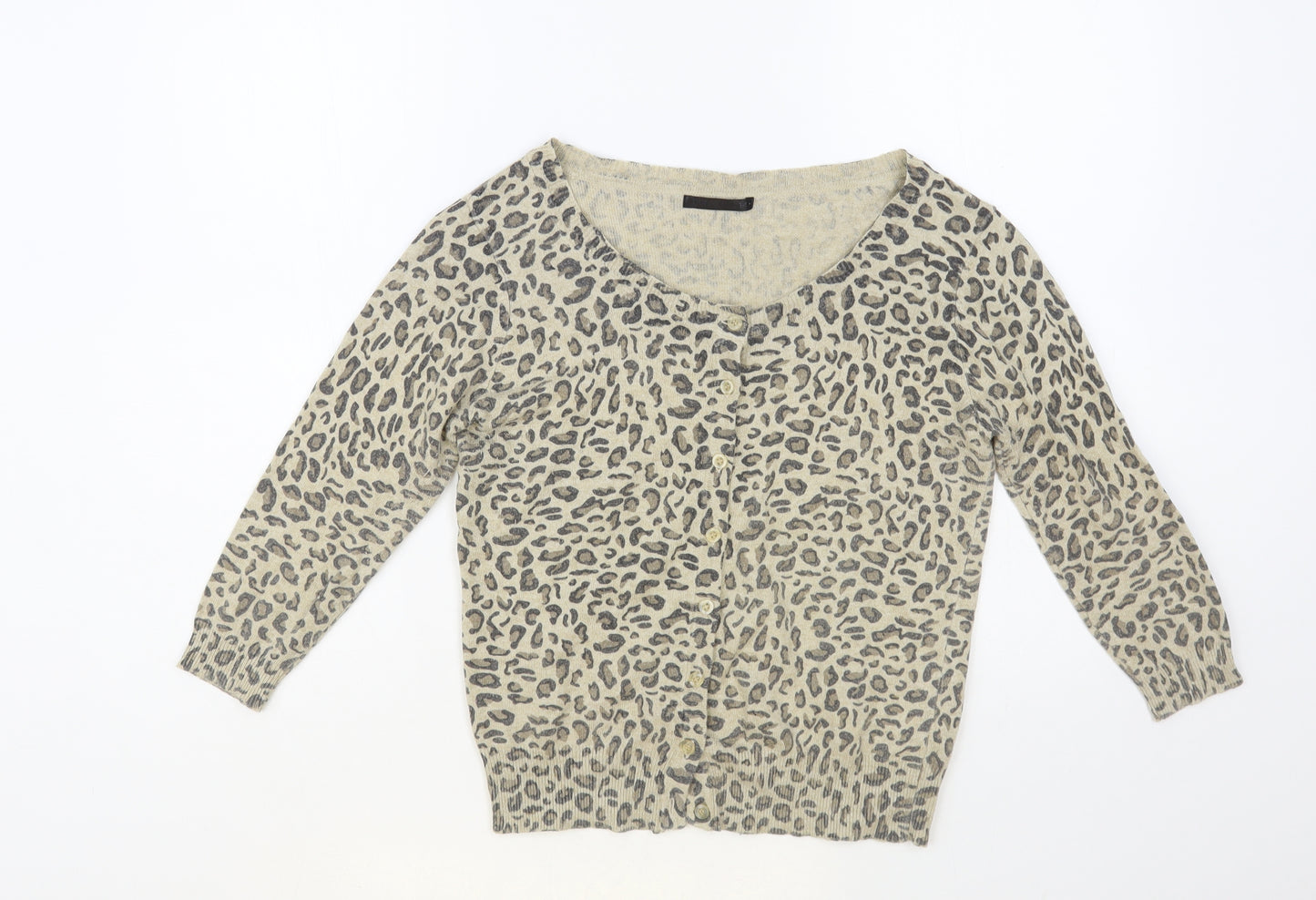 Dunnes Womens Beige Boat Neck Animal Print Nylon Cardigan Jumper Size 14 - Leopard Print