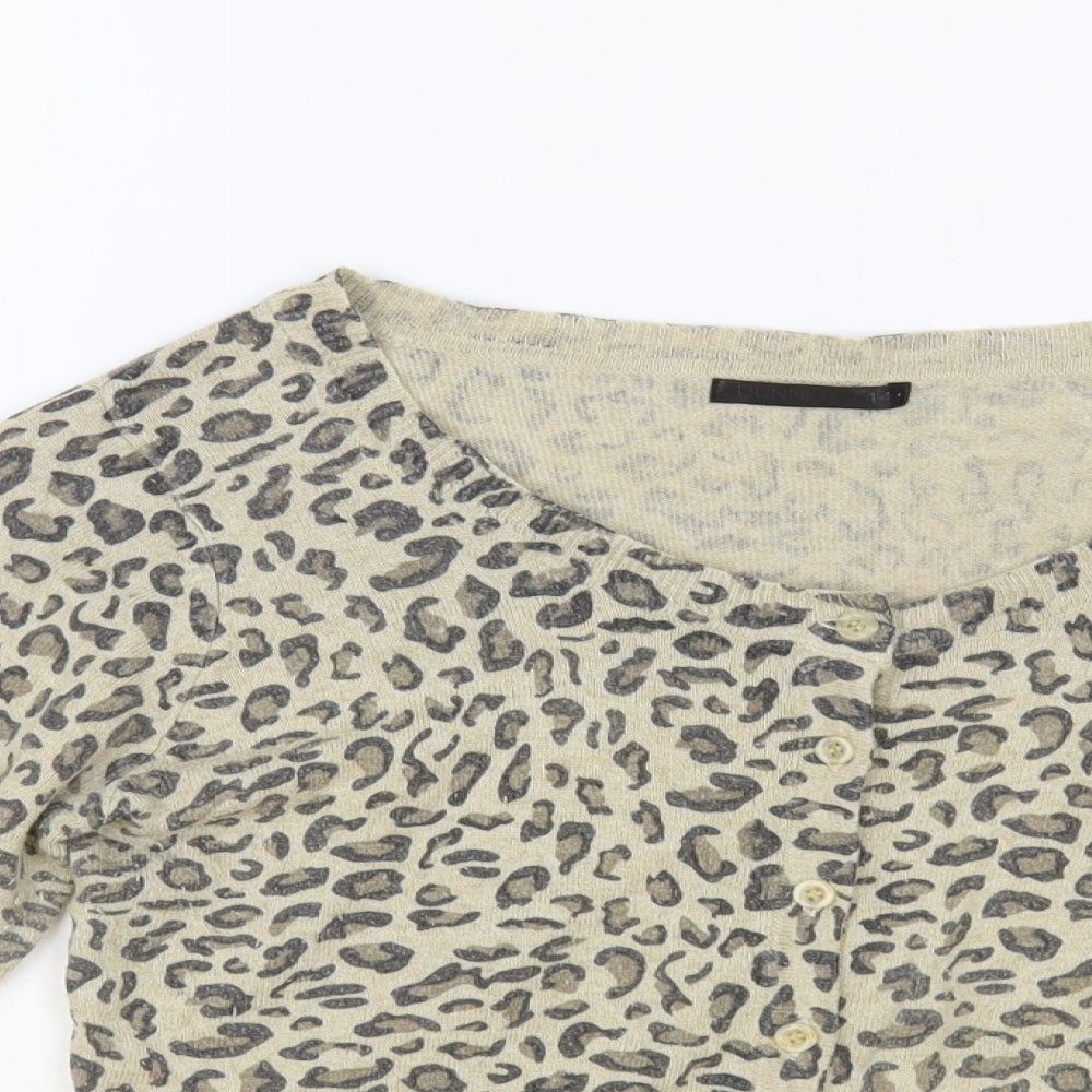 Dunnes Womens Beige Boat Neck Animal Print Nylon Cardigan Jumper Size 14 - Leopard Print