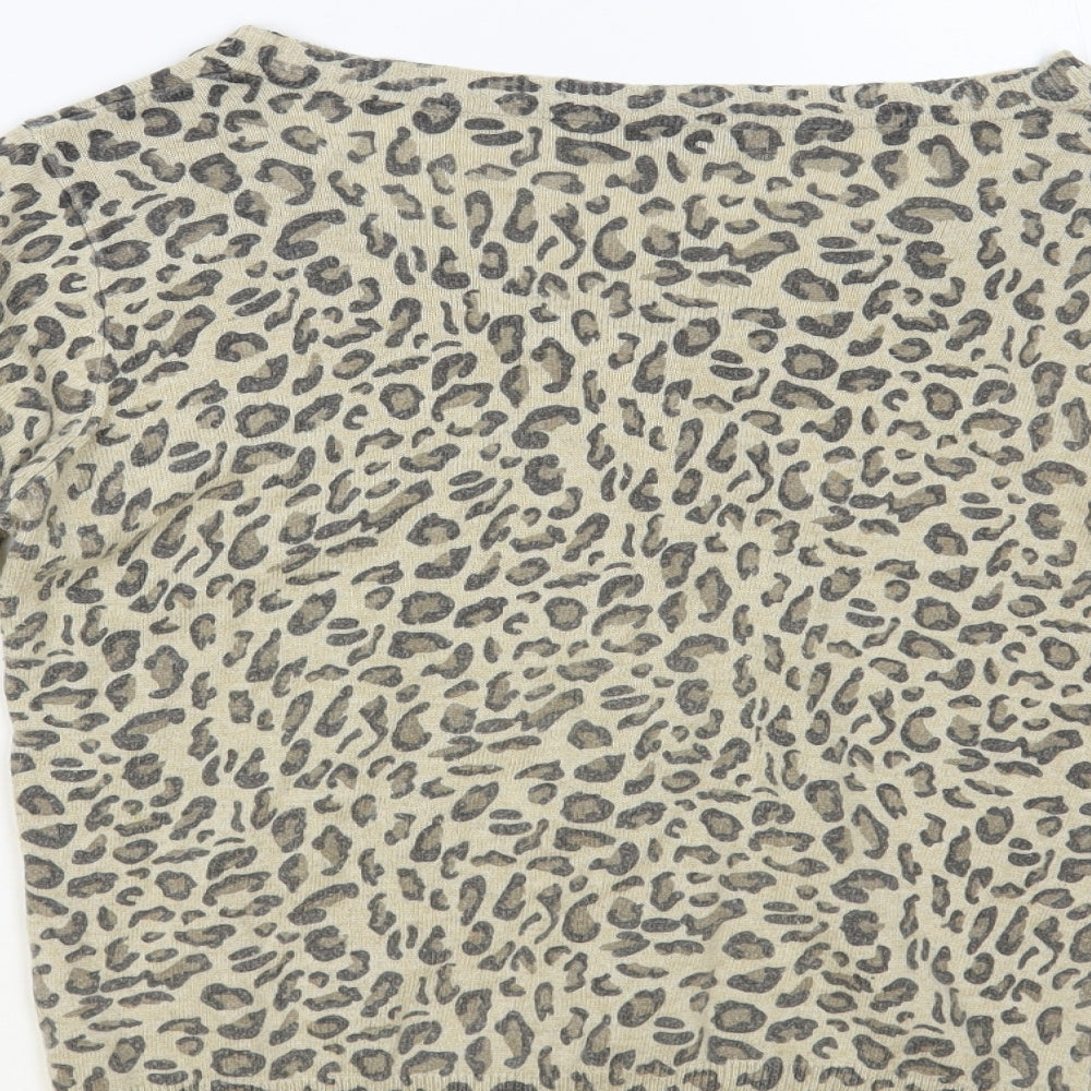 Dunnes Womens Beige Boat Neck Animal Print Nylon Cardigan Jumper Size 14 - Leopard Print