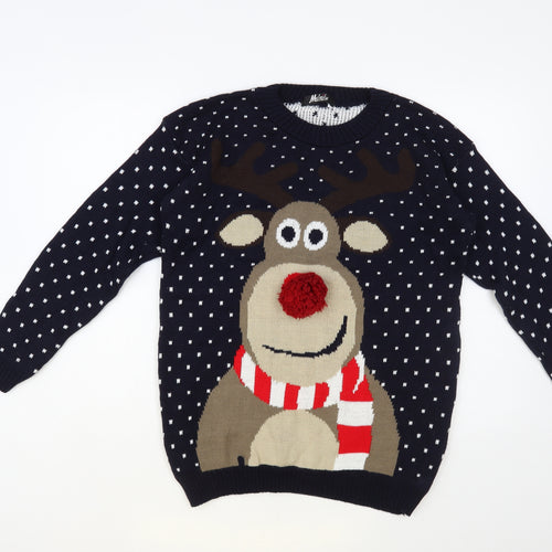 Malaika Mens Blue Crew Neck Acrylic Pullover Jumper Size M - Christmas Reindeer