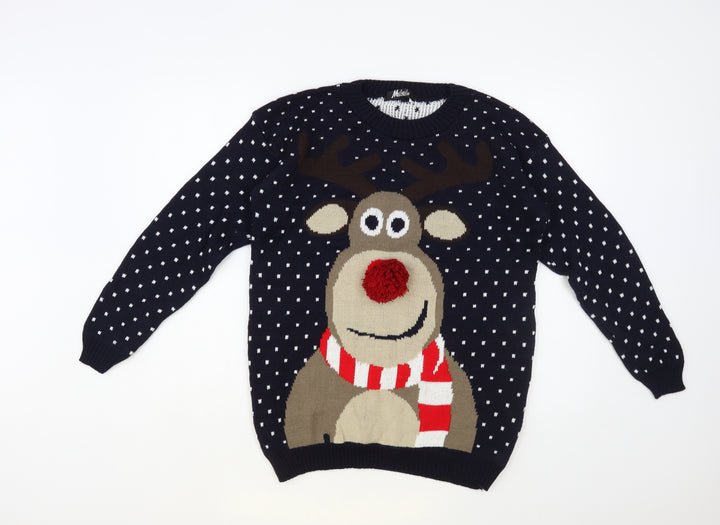 Malaika Mens Blue Crew Neck Acrylic Pullover Jumper Size M - Christmas Reindeer