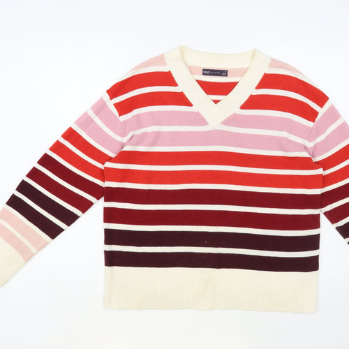 Marks and Spencer Womens Red V-Neck Striped Acrylic Pullover Jumper Size 14