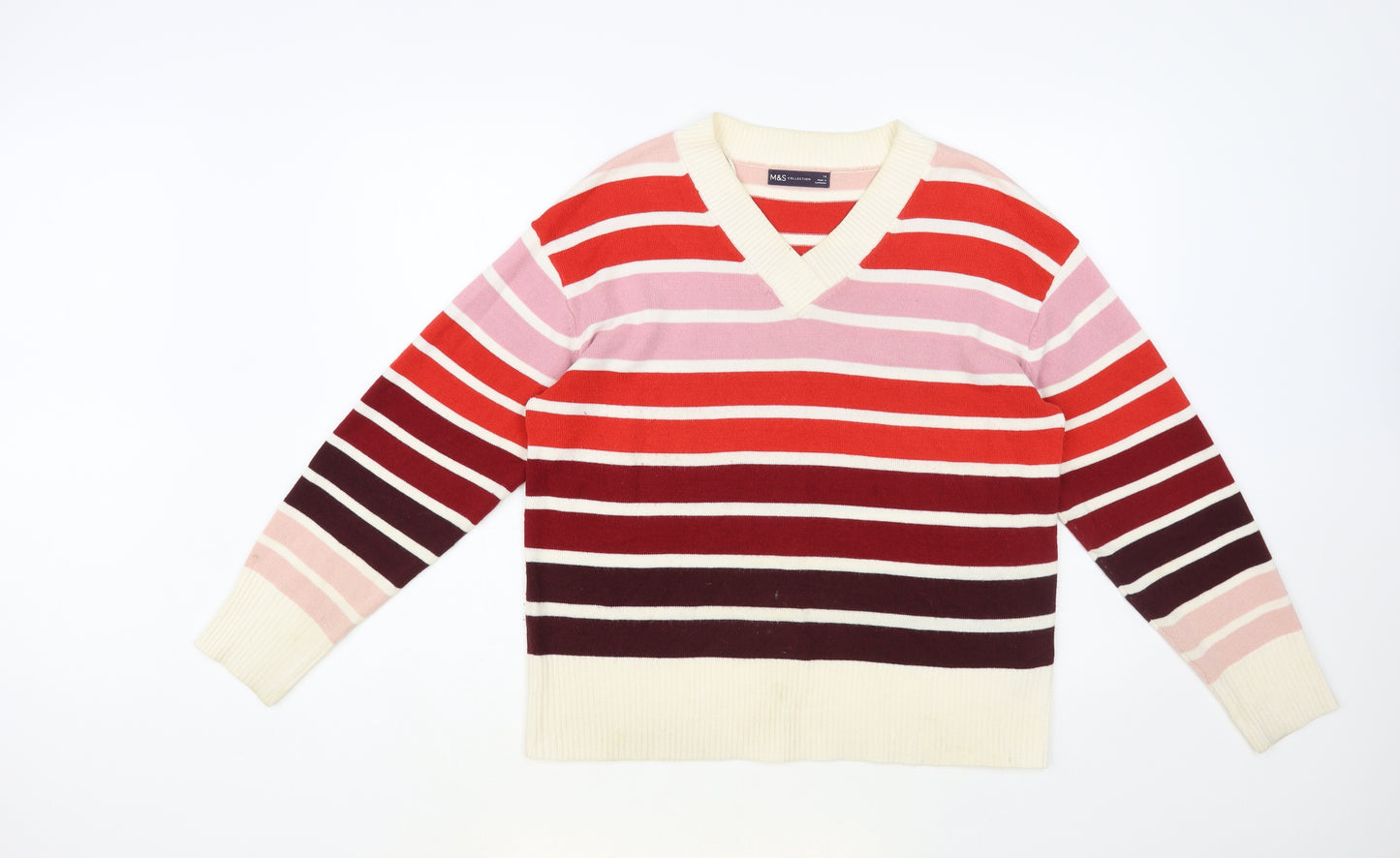 Marks and Spencer Womens Red V-Neck Striped Acrylic Pullover Jumper Size 14