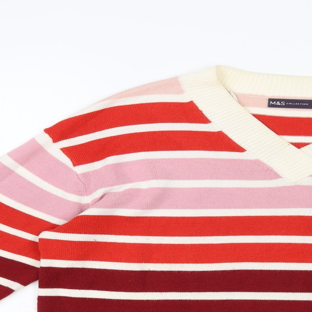 Marks and Spencer Womens Red V-Neck Striped Acrylic Pullover Jumper Size 14