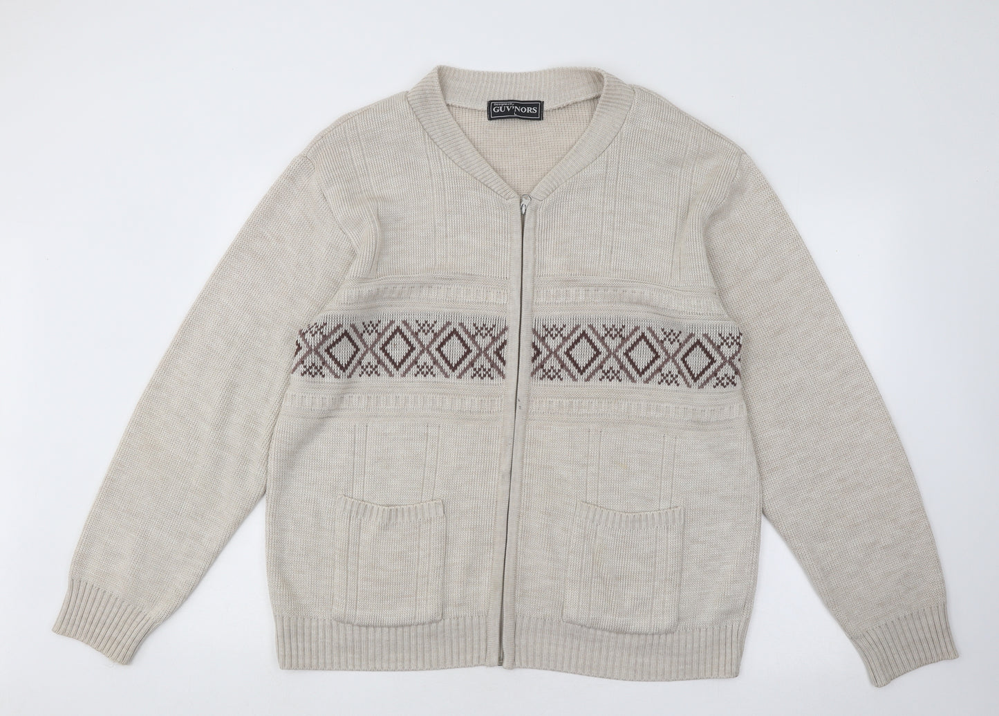Guv'nors Mens Beige V-Neck Fair Isle Acrylic Full Zip Jumper Size L