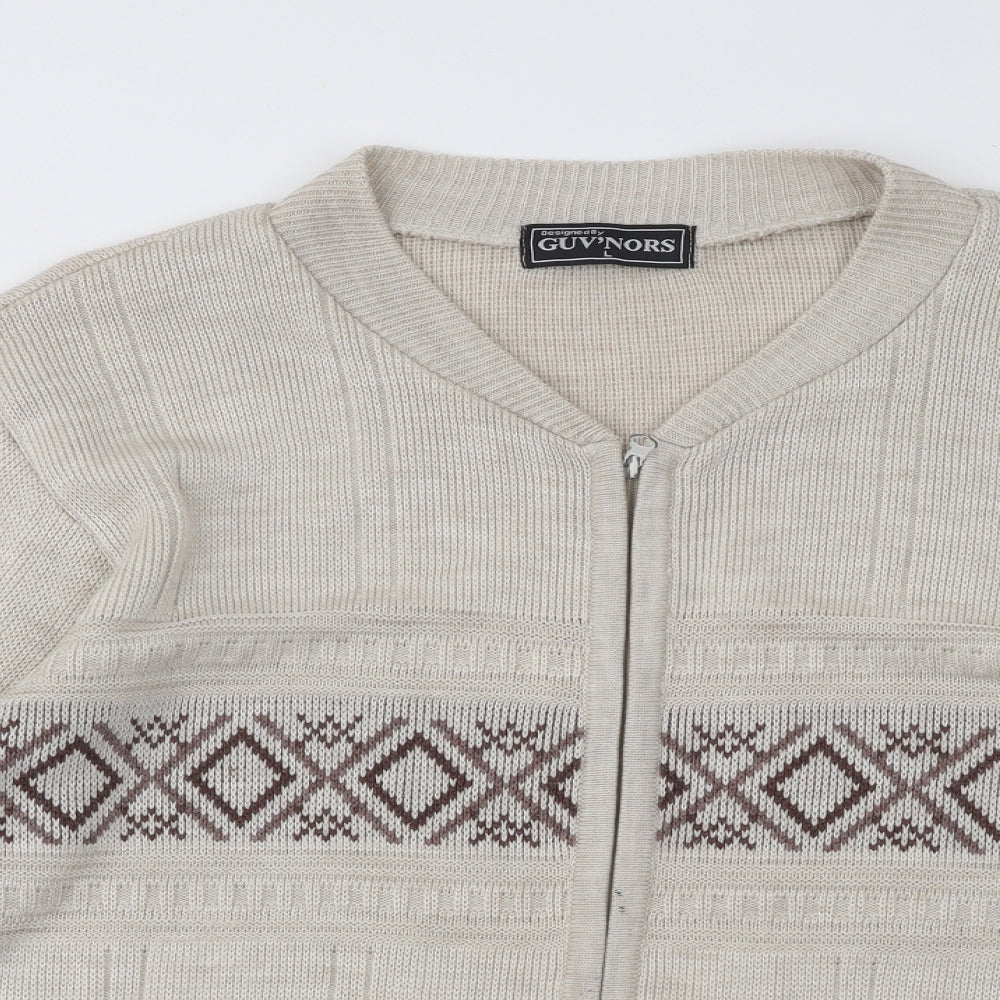 Guv'nors Mens Beige V-Neck Fair Isle Acrylic Full Zip Jumper Size L