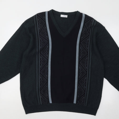 Essentials Mens Green V-Neck Geometric Acrylic Pullover Jumper Size L