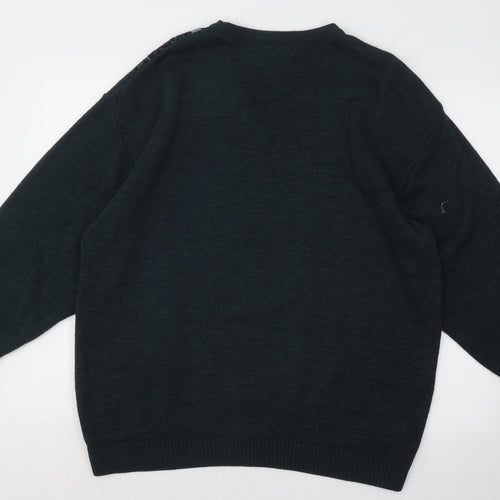 Essentials Mens Green V-Neck Geometric Acrylic Pullover Jumper Size L