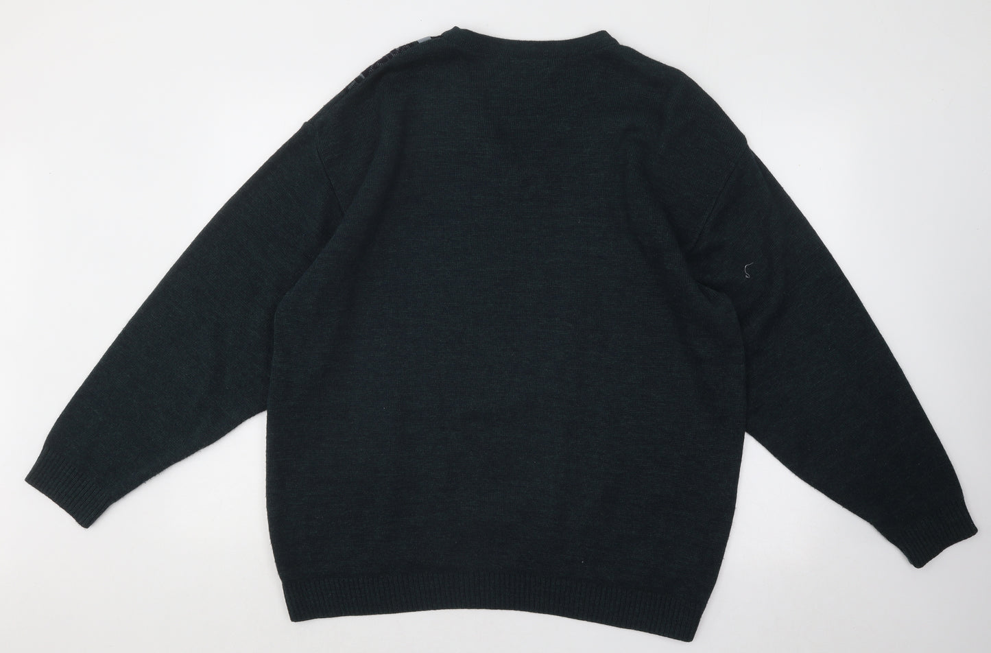 Essentials Mens Green V-Neck Geometric Acrylic Pullover Jumper Size L