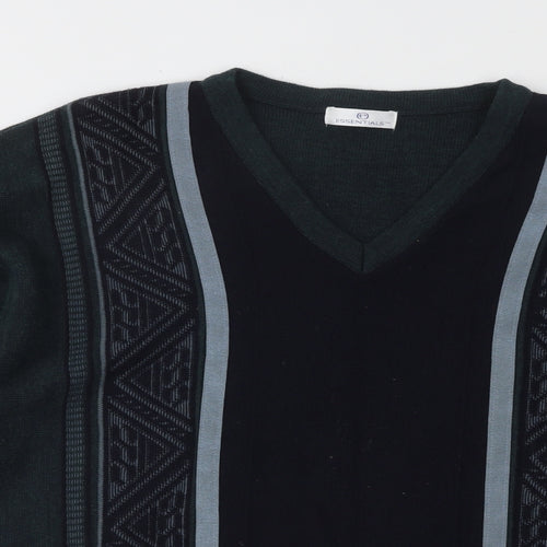 Essentials Mens Green V-Neck Geometric Acrylic Pullover Jumper Size L