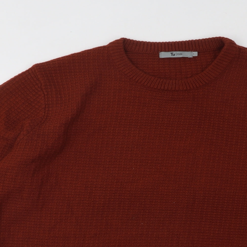 TU Mens Brown Round Neck Acrylic Pullover Jumper Size L